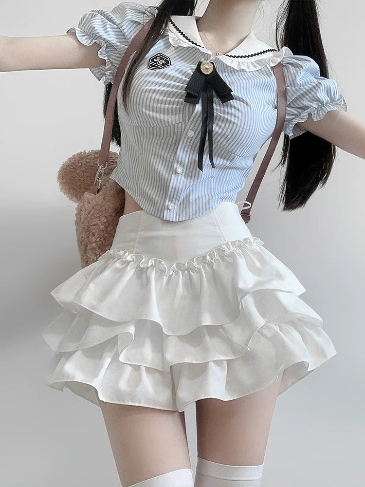 女の子のパフフレアスカートリボントップフリルスリムスイートスリーブ