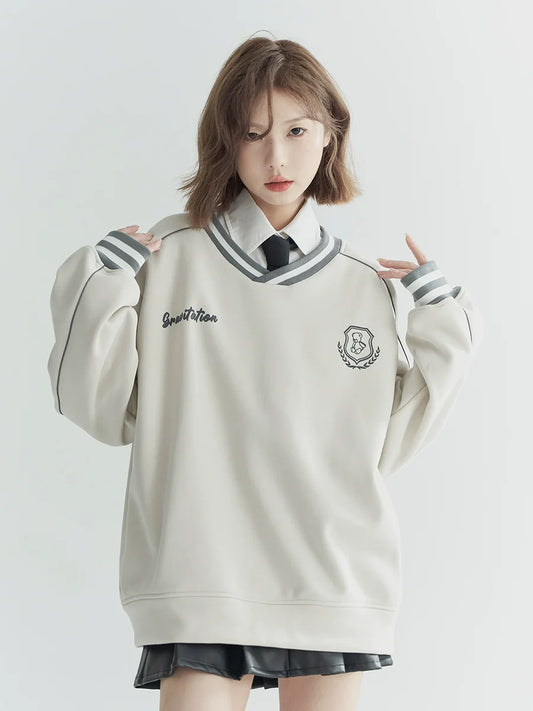 Vネック カジュアルトップス フロック加工 ルーズ スポーティ