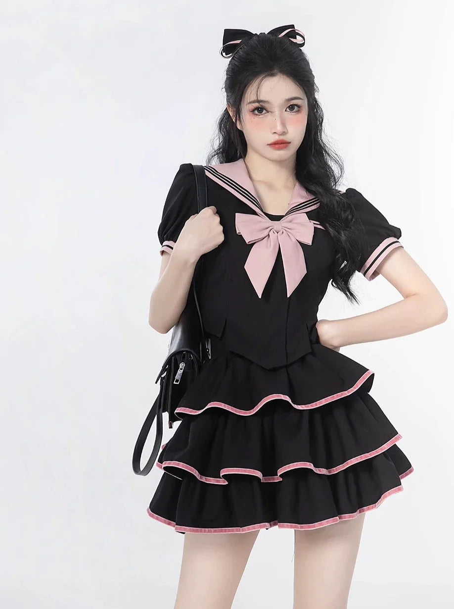 Sailor Flared + Rock Taille Puff Ribbon Cake Top + Ärmel Hals