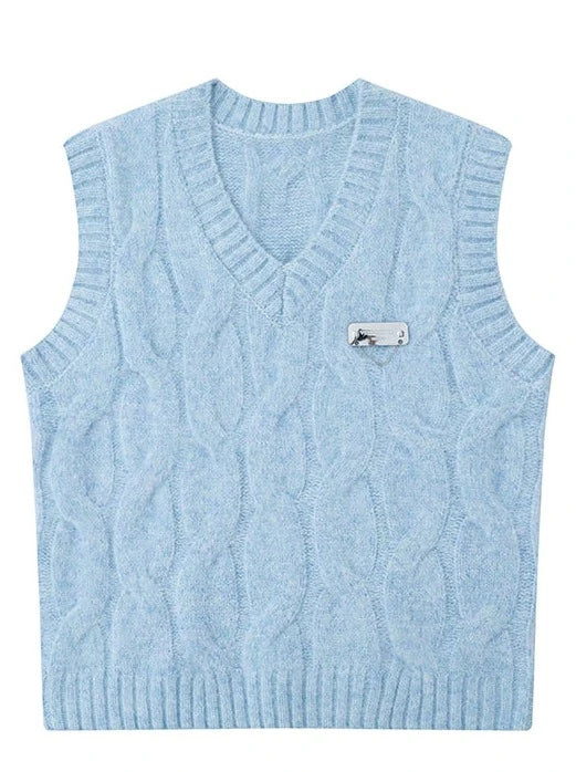 Cable Salt Blue Weste V-Ausschnitt Pullover