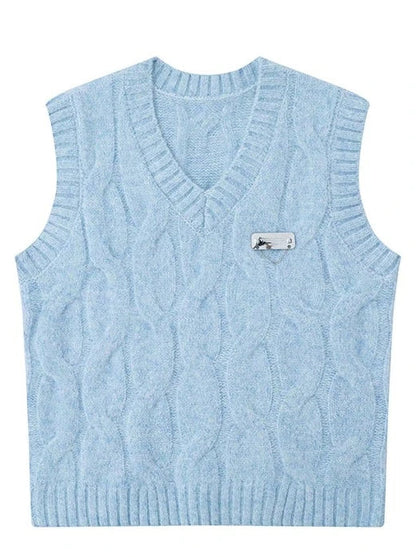 Cable Salt Blue Weste V-Ausschnitt Pullover