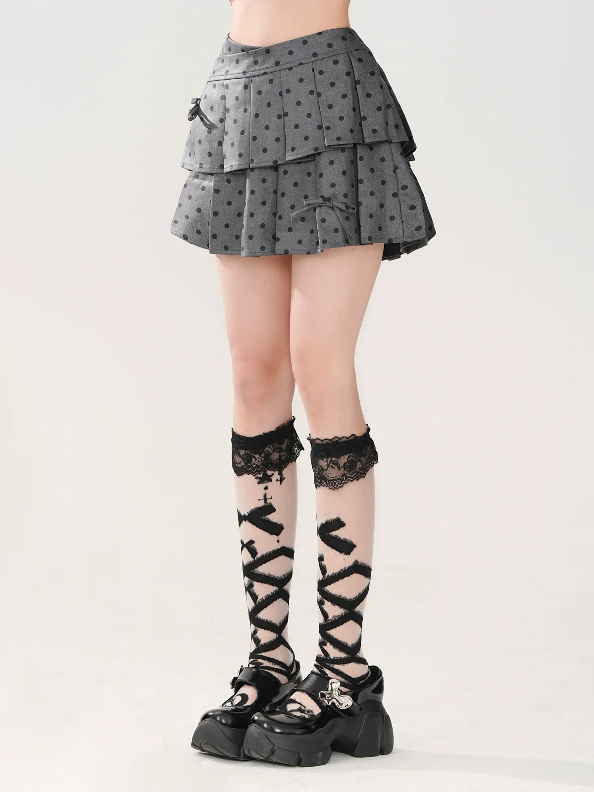 Dot Plissee Rock Polka A-Linie Grau