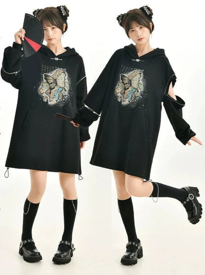 China Sweatshirt Zip + Black Parka Butterfly Dress Design Hoodie Cropped