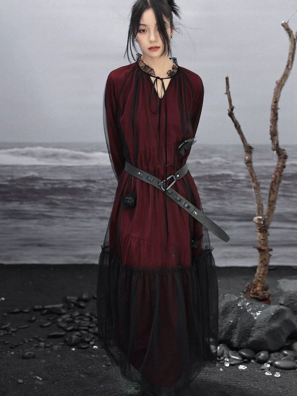 Loose See-through Shirt Dark Dress Mesh Contrast