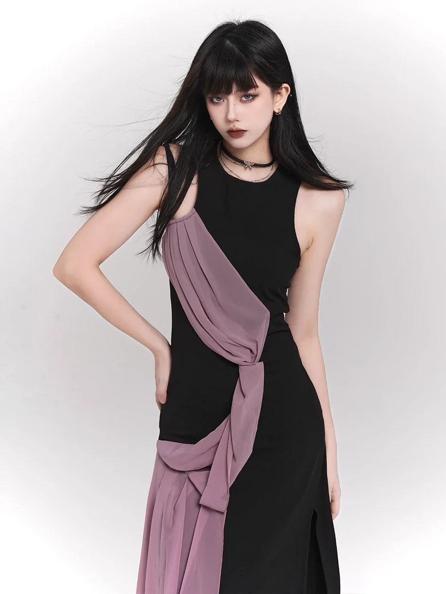 デザイン ノースリーブ モード ピンク ドレス ウェーブ