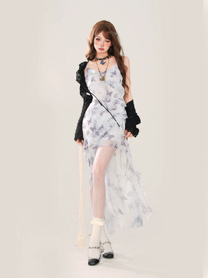 夏のシフォンドレス バタフライカーディガン + アシンメトリー