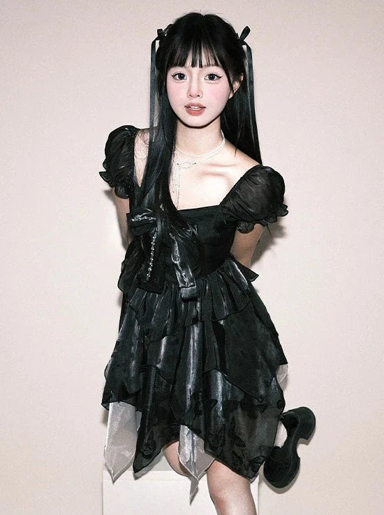 ノースリーブボウブラックパフリボンドレス