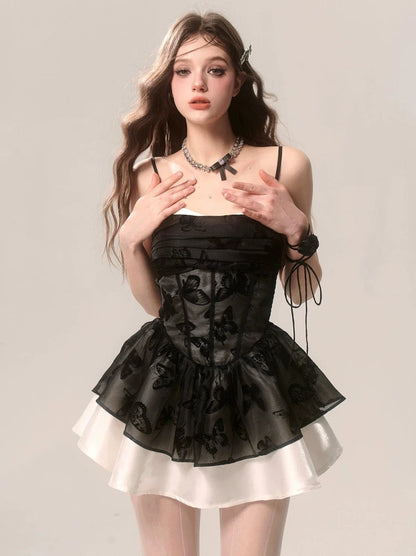 フェイクサテンフレンチツーピースバタフライサスペンダーブラックドレス