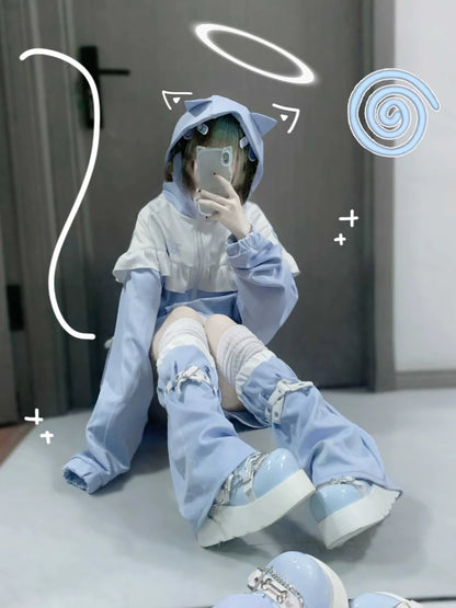 Hoodie Ear Three Piece Aqua Neighborhood Cat Loose Angel Set