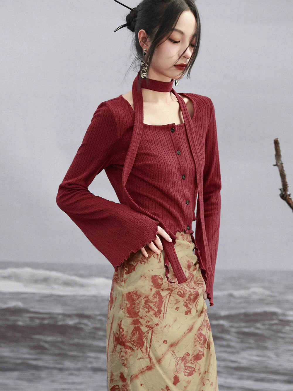 Scarf Flared Retro Sleeve + Red Asymmetrical Top