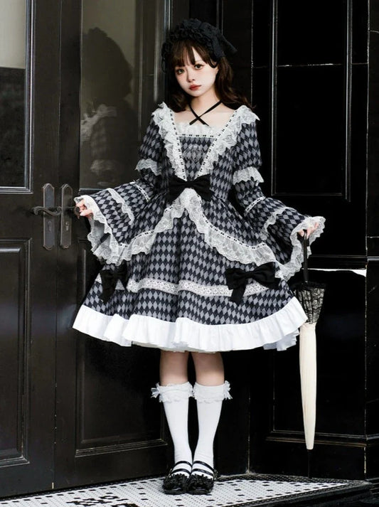 大きなチェックのロリータリボンドレス
