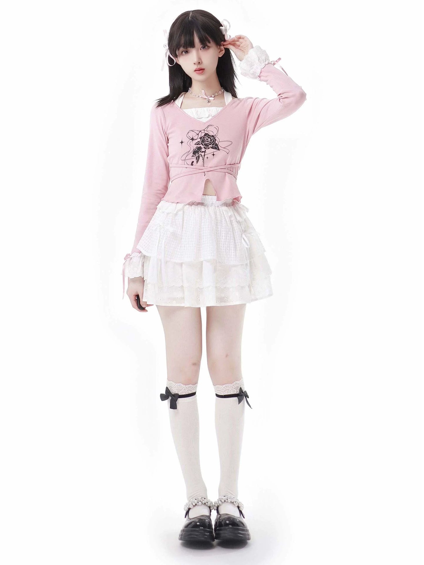 レーストップ、ホワイト、ガーリーフラワースカートセットデザイン、ピンク