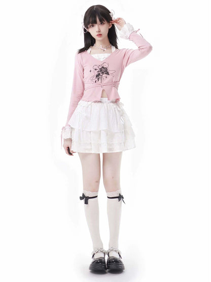 レーストップ、ホワイト、ガーリーフラワースカートセットデザイン、ピンク