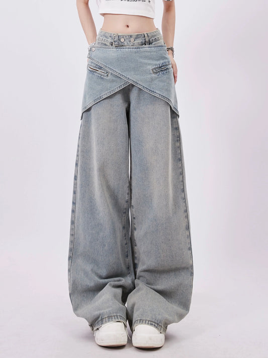 Cross Denim Waist Pants Wide