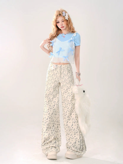 T-Shirt Zweiteiler Mesh Faux Short Ribbon Blau