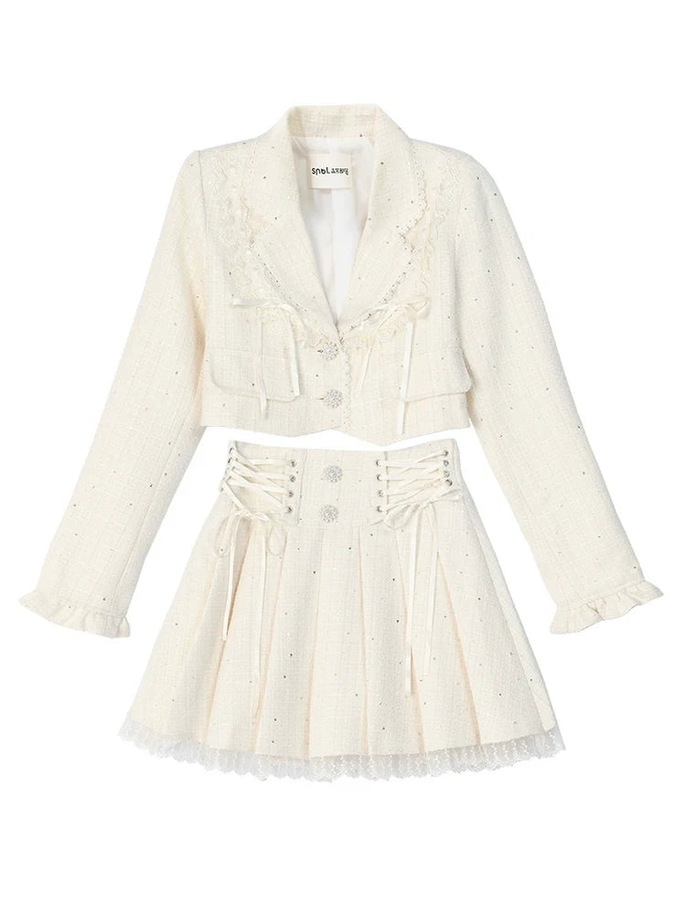 Set-up + Short Frilled Skirt Tweed Lace-up Jacket Pleated