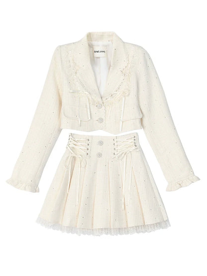 Set-up + Short Frilled Skirt Tweed Lace-up Jacket Pleated