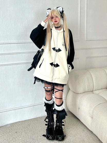 Collar Hood Hoodie Contrast Button Cat Ear Zip Horn