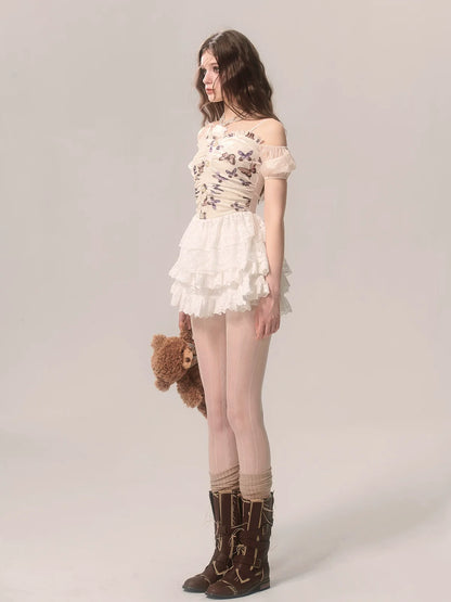 サスペンダーオフショルダーケーキベルベットバレエバタフライレーススタイルフレンチトップ+ホワイトスカート