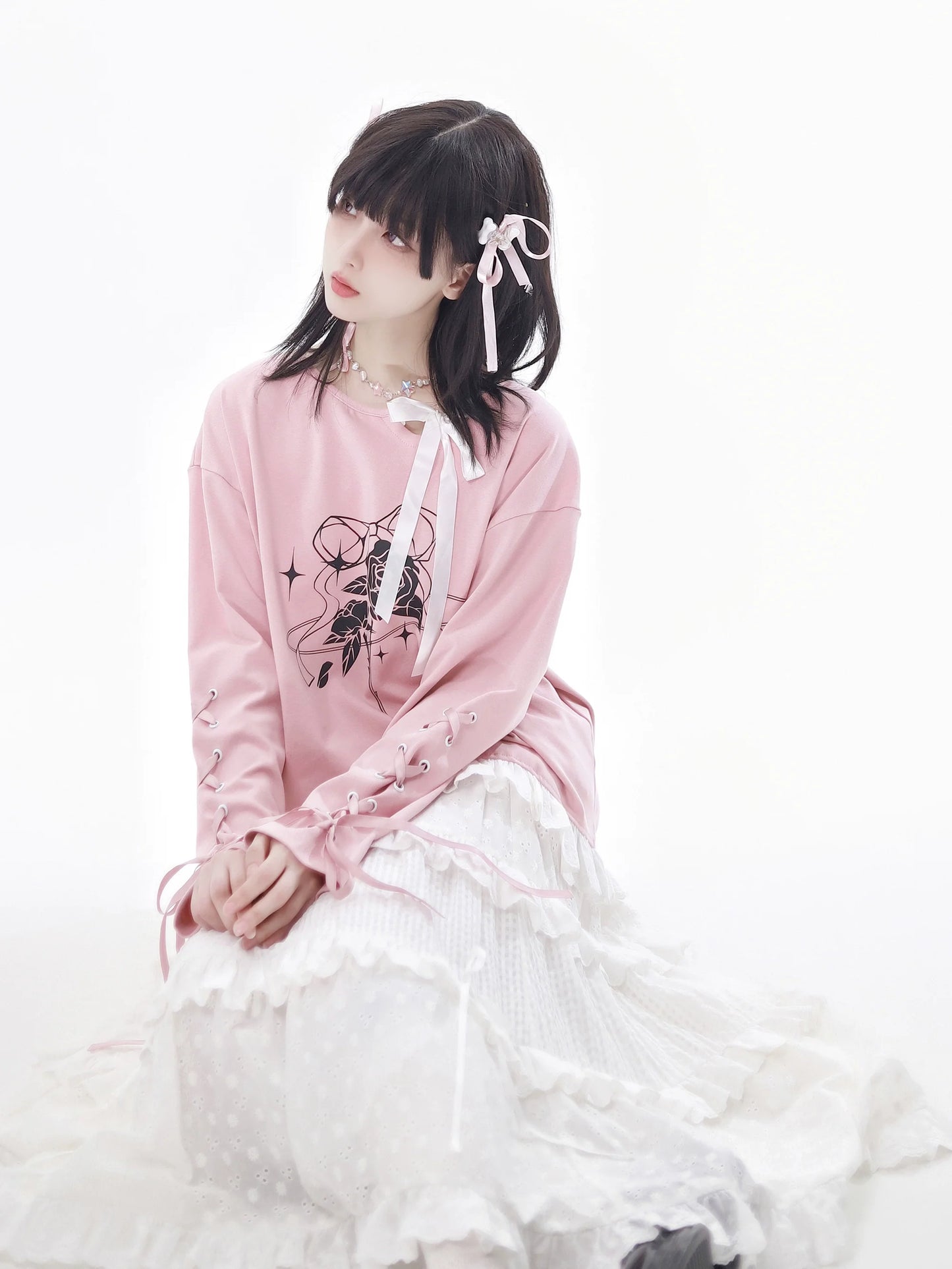 レーストップ、ホワイト、ガーリーフラワースカートセットデザイン、ピンク