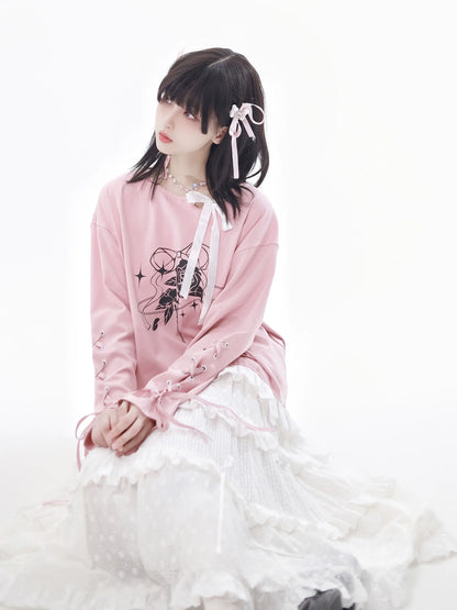 レーストップ、ホワイト、ガーリーフラワースカートセットデザイン、ピンク