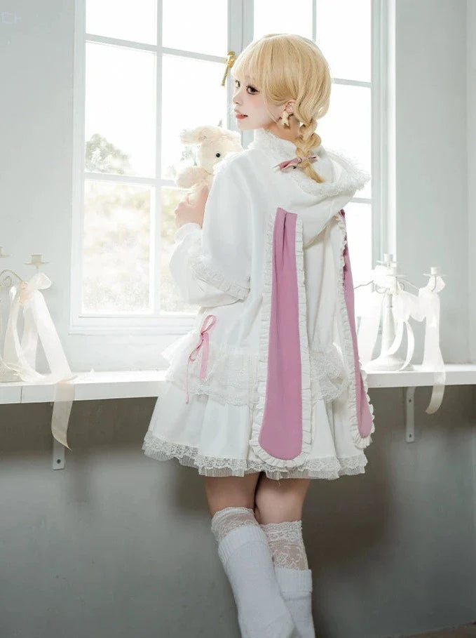 Bow Frilled Big Hooded Girly Long Bunny Dress Ears