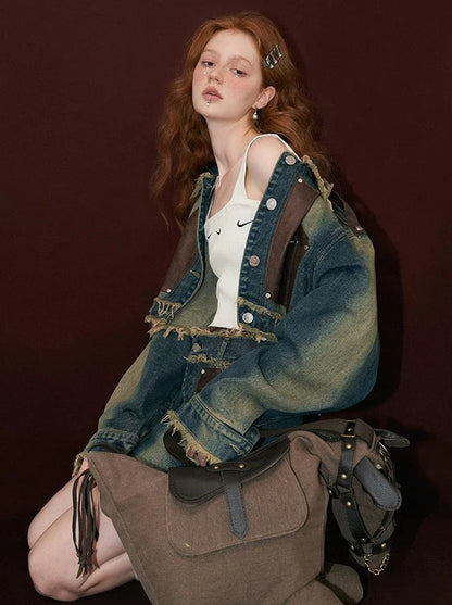 Denim Osh Jacke Denim + Rock Patchwork Leder Short Retro