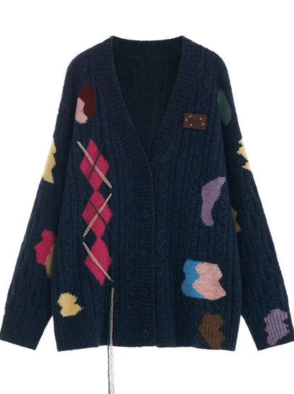 アシンメトリーニットオーバーデザインカーディガンレトロカラフル