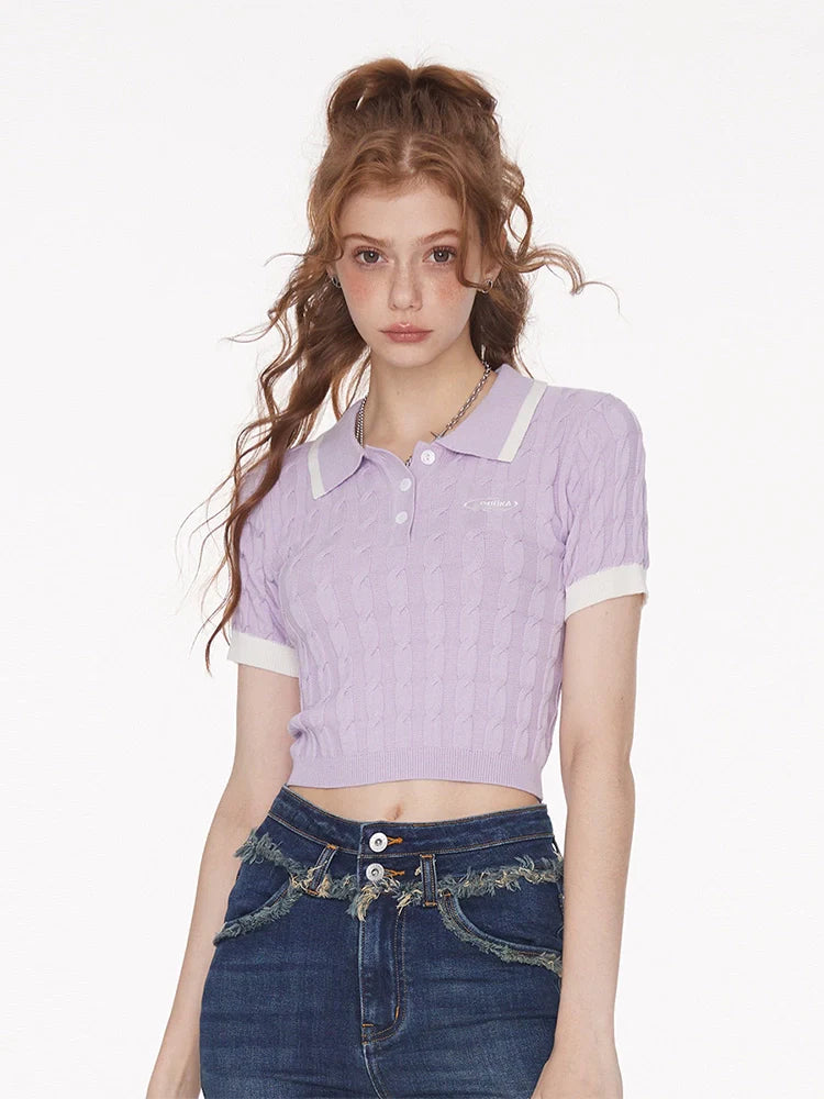 Lila Sommer-Strick-Poloshirt mit Twist