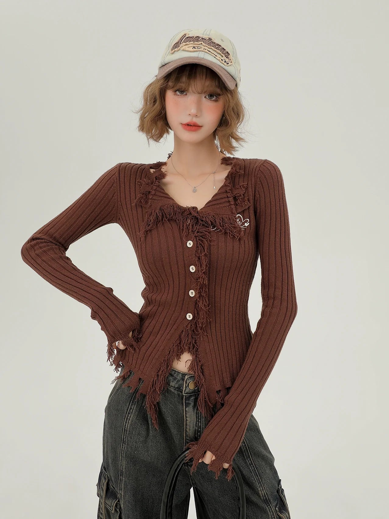 スリムアメリカンタッセルレトロカーディガンブレストシングル