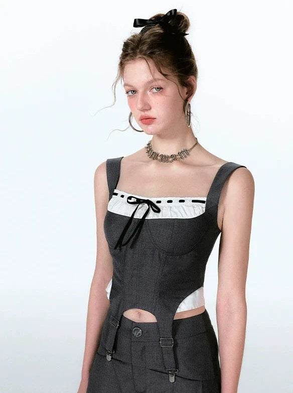 Wide Two-piece + Design Contrast Faux Vest Mint-cool Pants