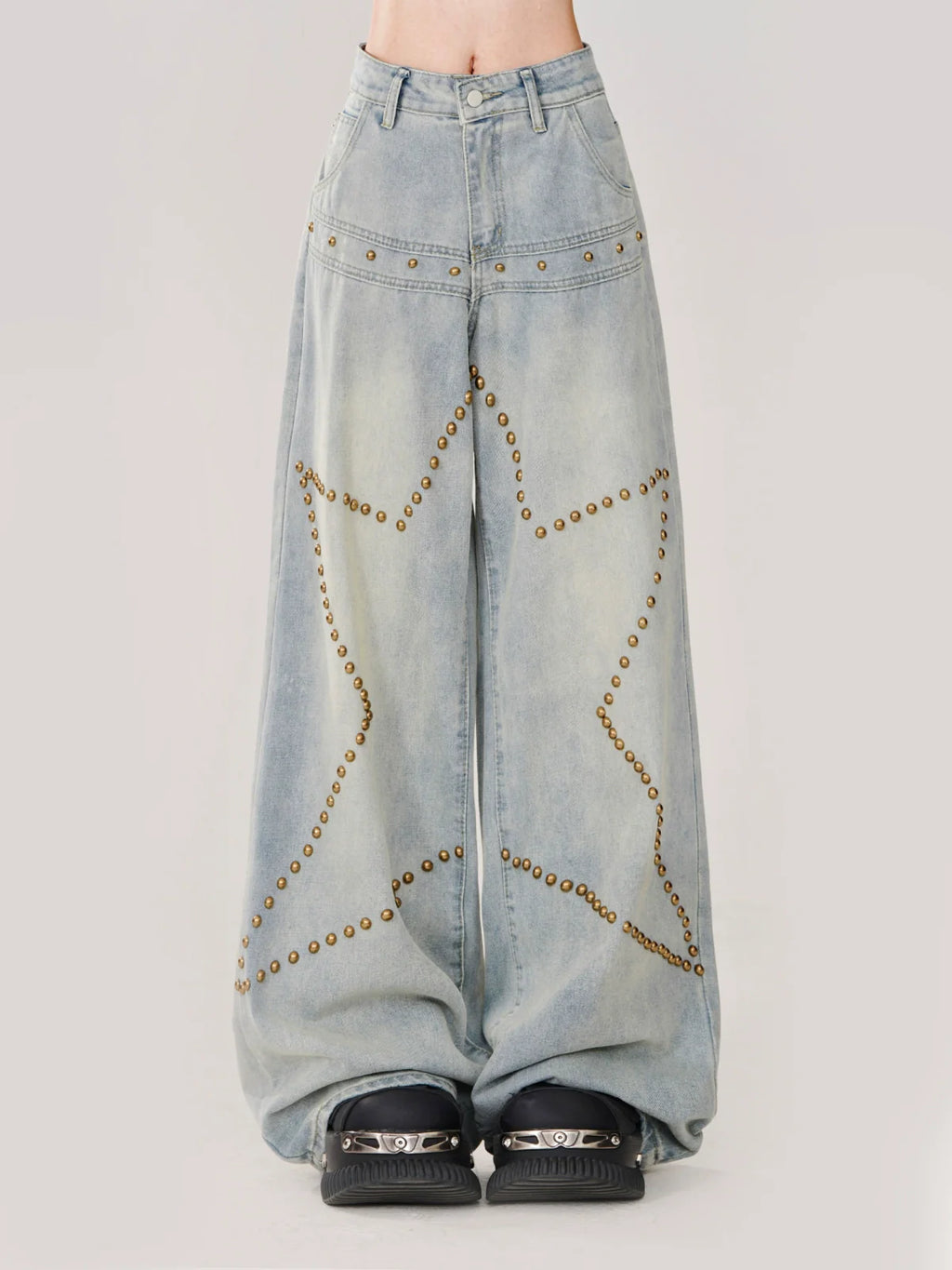 Waist Denim High Blue Sheer Pants Studded Star
