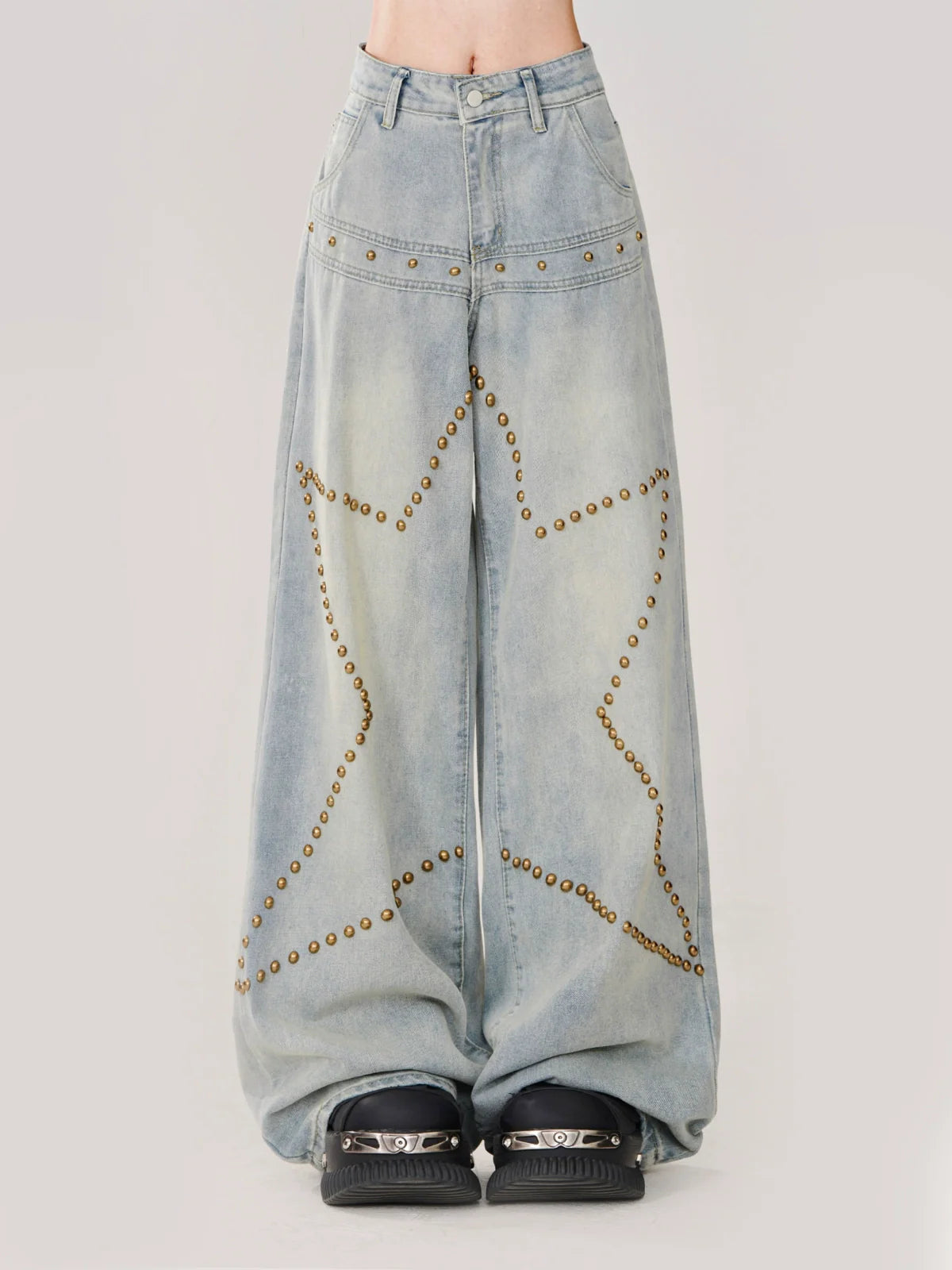 Waist Denim High Blue Sheer Pants Studded Star