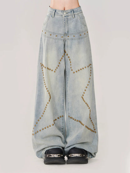 Waist Denim High Blue Sheer Pants Studded Star