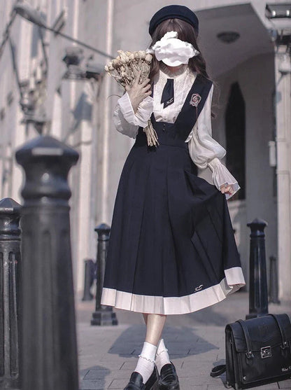 Kleid Emblem + Krawatte + Bluse + Rüsche Retro College Baskenmütze Cyan Stil Elegant Chiffon