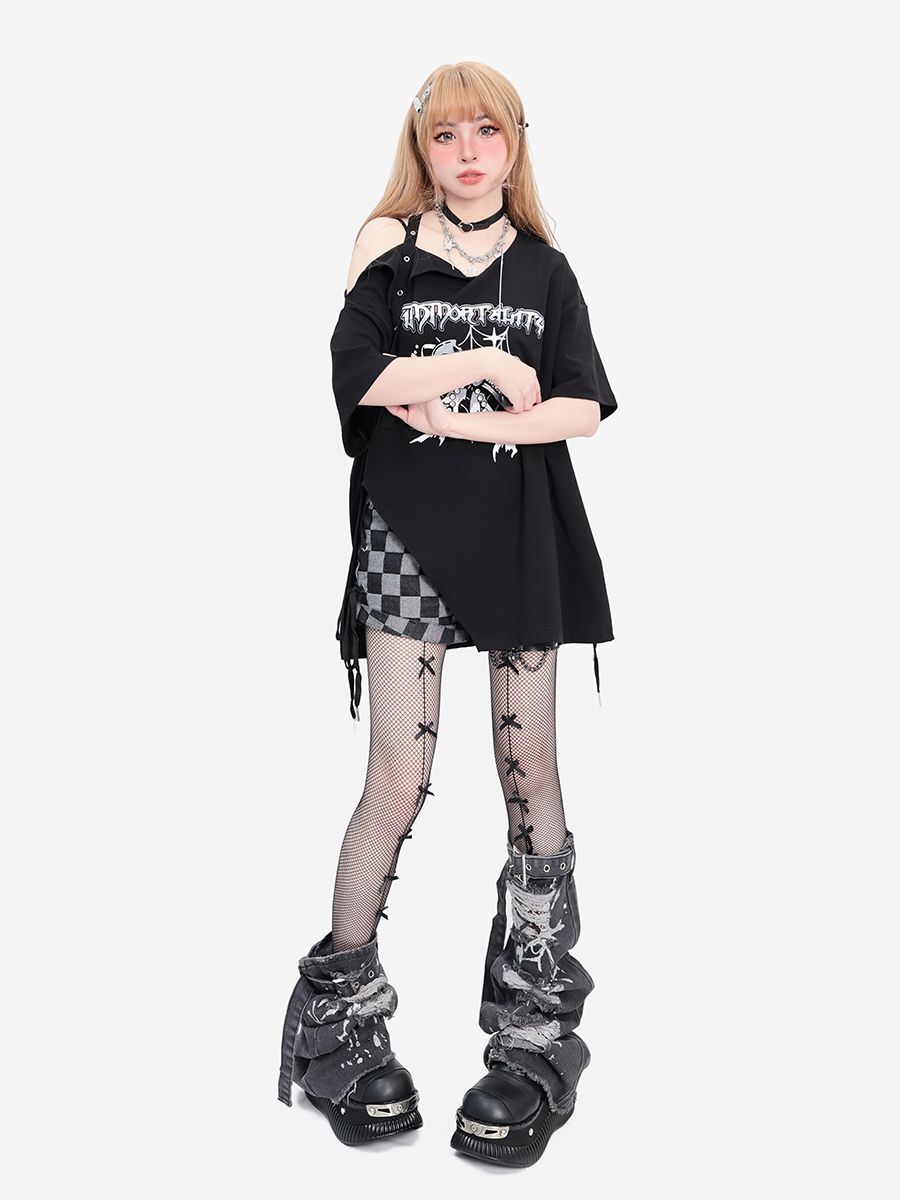 Off-the-shoulder Slit Punk T-shirt Loose