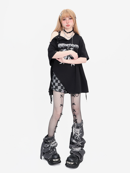 Off-the-shoulder Slit Punk T-shirt Loose