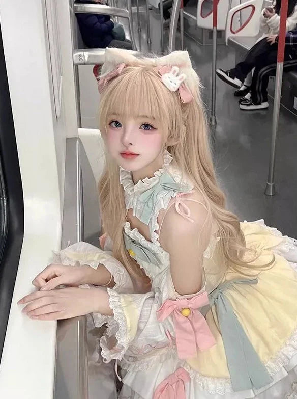 ガーリーなロリータスリーブドレススイートパステルカラー