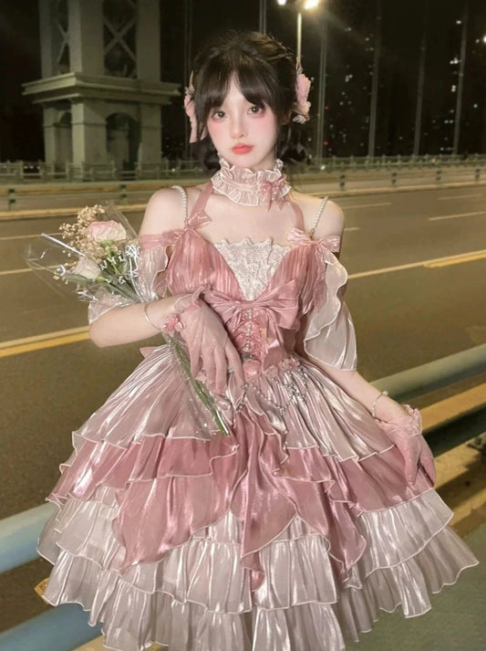 ふわふわのエレガントなピンクのプリンセスドレスフラワーフェアリーセット