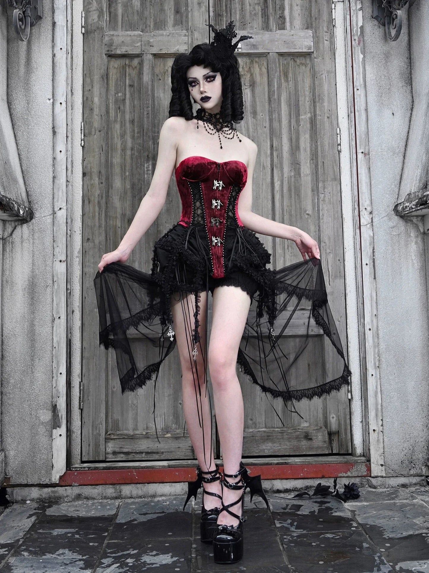 ダークアリスドレス ヘルフィッシュボーンストラップコルセットセット ゴシックチュール