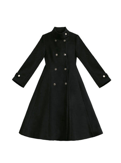 スタンドダブルブレストリボンレトロウールコートカラーエレガント