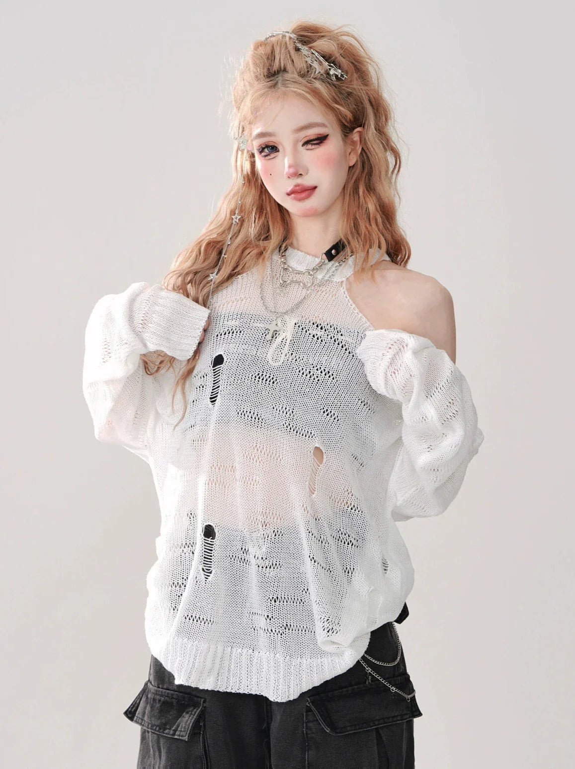 Off-the-shoulder Knit Halter Neck Top Openwork