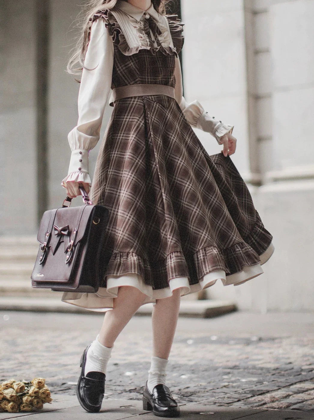 Sleeveless Coat Belt  Ribbon Classic Layered Accessory Dress Brown Check Retro Pearl Volume