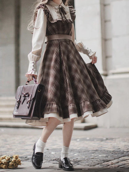 Sleeveless Coat Belt  Ribbon Classic Layered Accessory Dress Brown Check Retro Pearl Volume