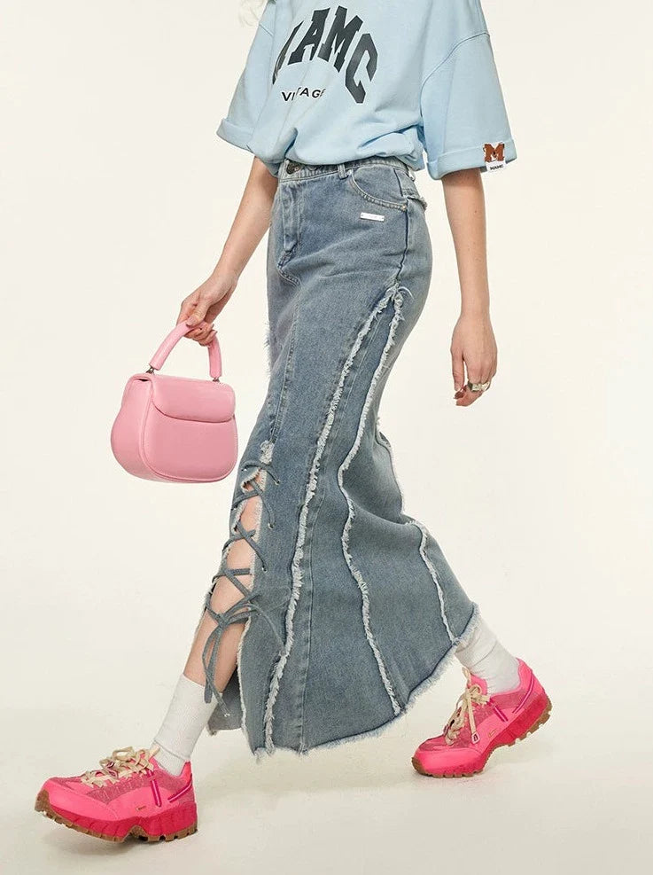 Schlitz Asymmetrischer Damaged Rock Denim Retro