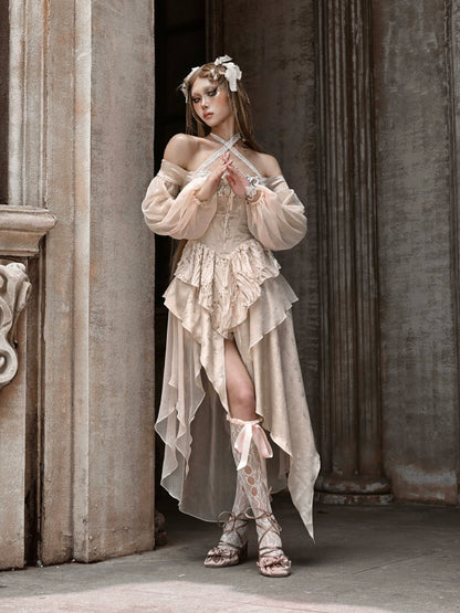 刺繍クロスランタンゴールドスレッドドレスバレエスリーブブロークンオフショルダー