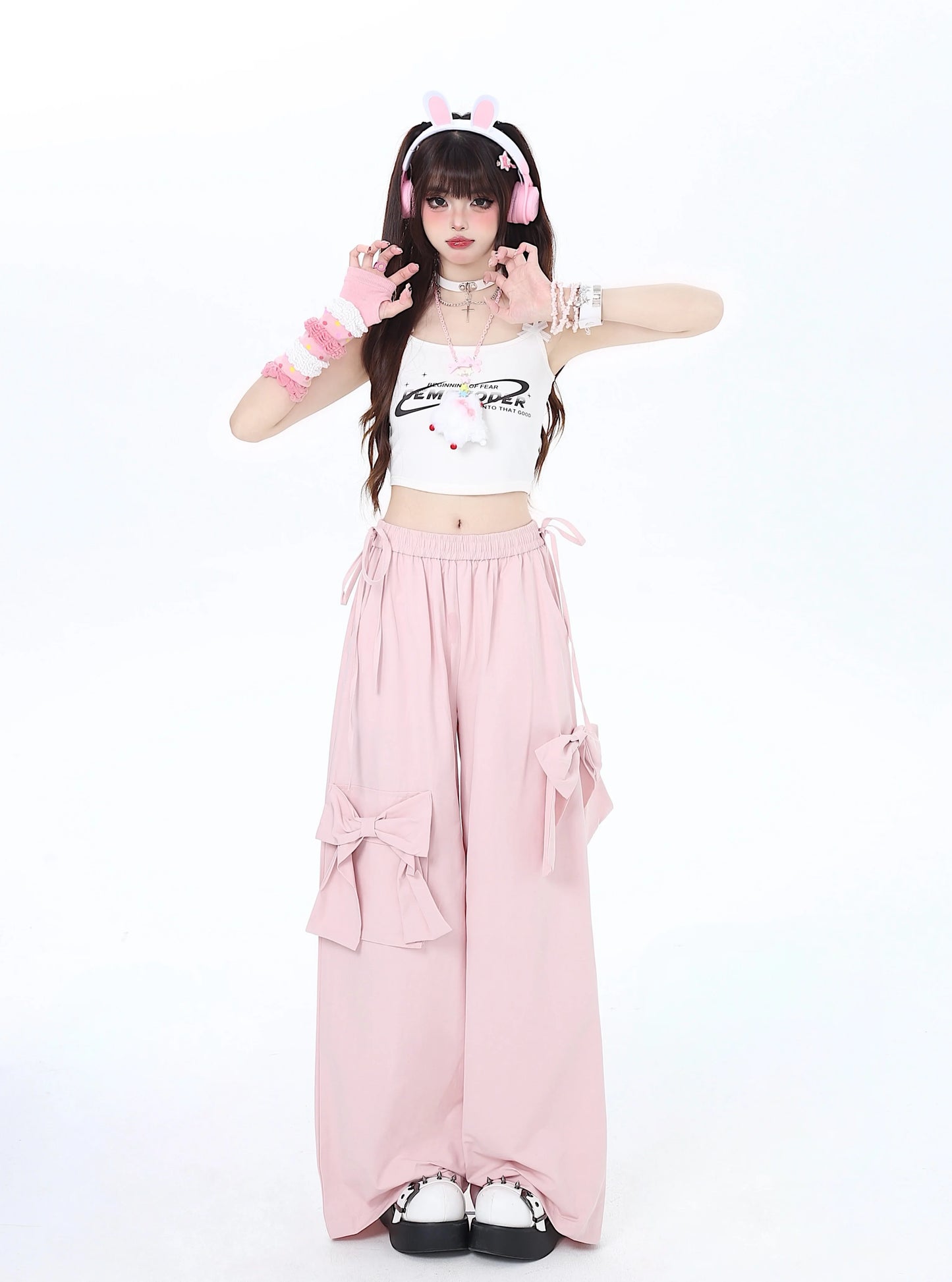 Girly Pink Ribbon Dopamine Pants Wide