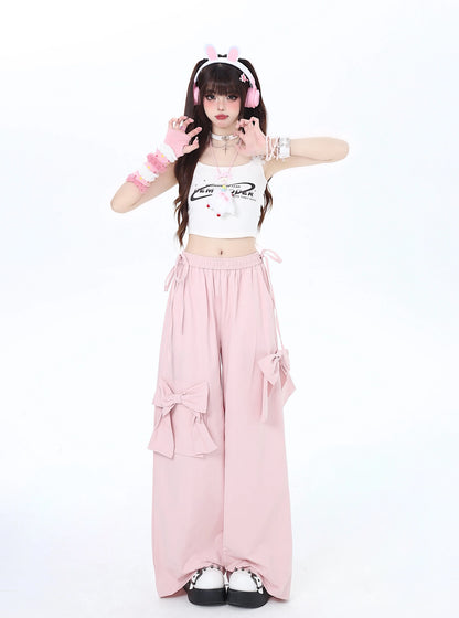 Girly Pink Ribbon Dopamine Pants Wide
