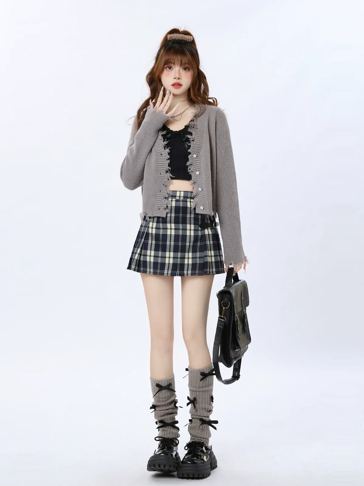 バックルレザー風チェックスカート カレッジレトロ