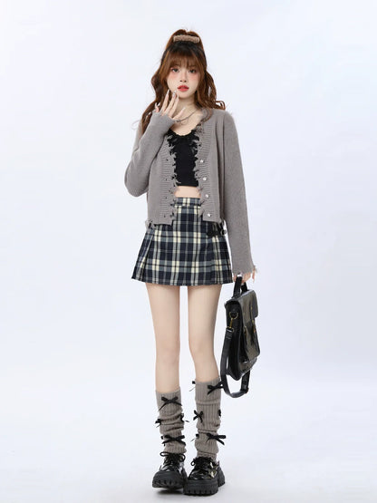 バックルレザー風チェックスカート カレッジレトロ